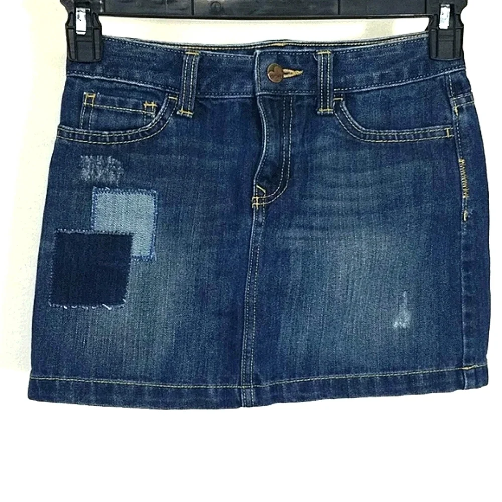 Skirt denim dark wash patchwork patches mini distressed stretch